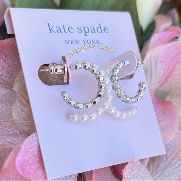 KATE SPADE Cubic Zirconia & Pearl Double Huggie Earrings - Picture 7 of 7